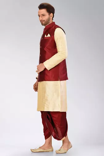Fawn dupon art silk kurta, jacket with matching dhoti