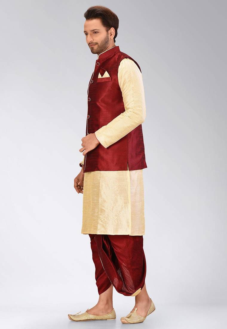 Fawn dupon art silk kurta, jacket with matching dhoti