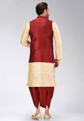 Fawn dupon art silk kurta, jacket with matching dhoti 4