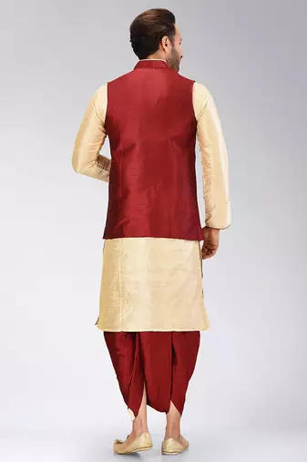 Fawn dupon art silk kurta, jacket with matching dhoti