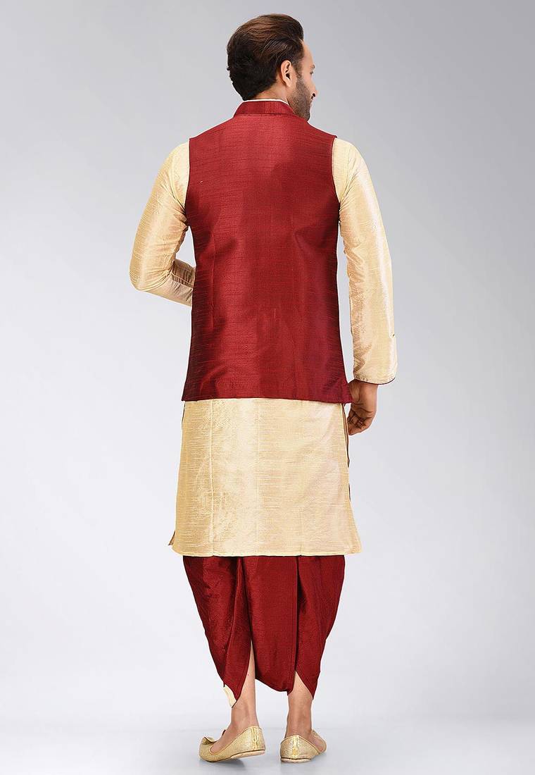 Fawn dupon art silk kurta, jacket with matching dhoti
