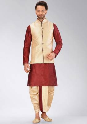 Red dupon art silk kurta, jacket with matching dhoti 1