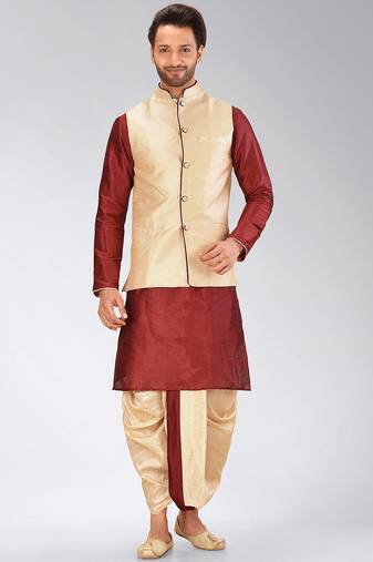 Red dupon art silk kurta, jacket with matching dhoti
