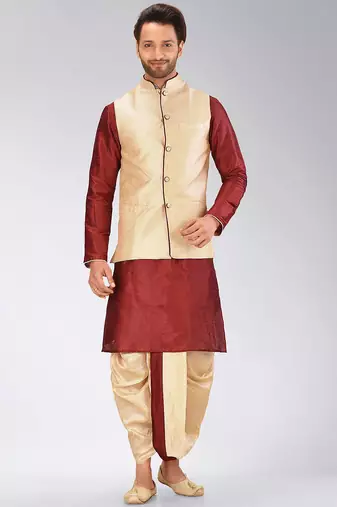 Red dupon art silk kurta, jacket with matching dhoti