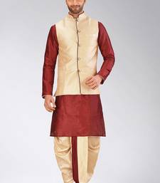 Red dupon art silk kurta, jacket with matching dhoti