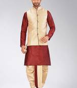 Red dupon art silk kurta, jacket with matching dhoti