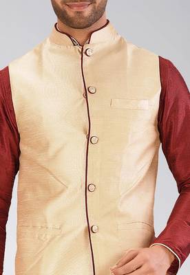 Red dupon art silk kurta, jacket with matching dhoti 2