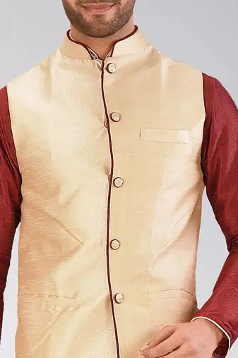 Red dupon art silk kurta, jacket with matching dhoti