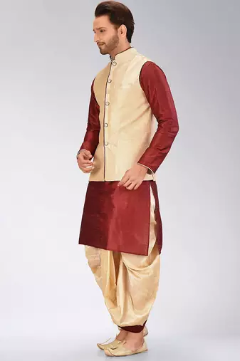Red dupon art silk kurta, jacket with matching dhoti