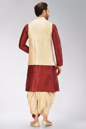 Red dupon art silk kurta, jacket with matching dhoti