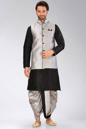 Black dupon art silk kurta, jacket with matching dhoti