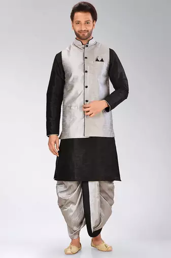 Black dupon art silk kurta, jacket with matching dhoti