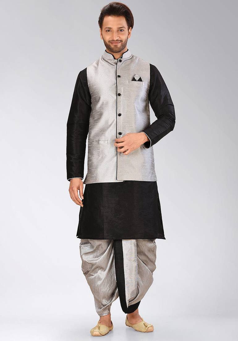 Black dupon art silk kurta, jacket with matching dhoti