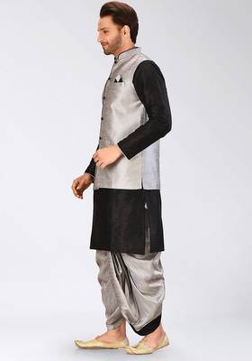 Black dupon art silk kurta, jacket with matching dhoti 3