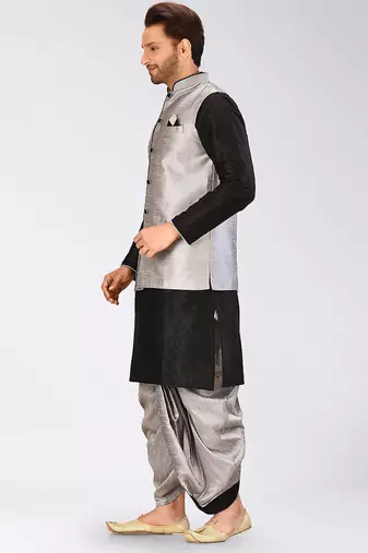 Black dupon art silk kurta, jacket with matching dhoti