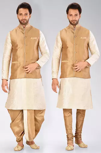 Cream dupon art silk kurta, jacket with matching dhoti and churidar