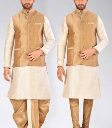 Cream dupon art silk kurta, jacket with matching dhoti and churidar