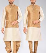 Cream dupon art silk kurta, jacket with matching dhoti and churidar