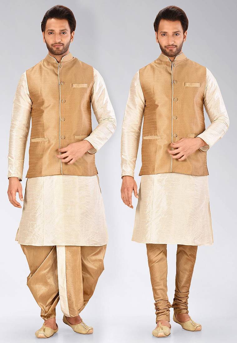 Cream dupon art silk kurta, jacket with matching dhoti and churidar