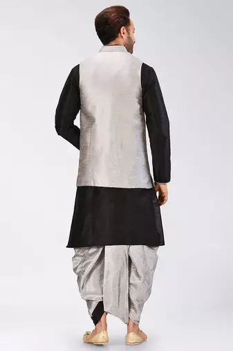 Black dupon art silk kurta, jacket with matching dhoti