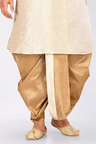 Cream dupon art silk kurta, jacket with matching dhoti and churidar