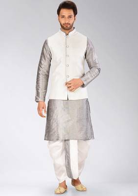 Grey dupon art silk kurta, jacket with matching dhoti 1
