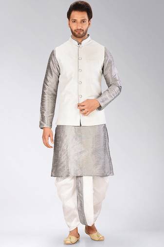 Grey dupon art silk kurta, jacket with matching dhoti