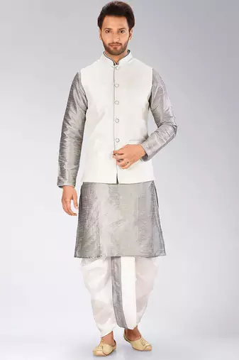 Grey dupon art silk kurta, jacket with matching dhoti