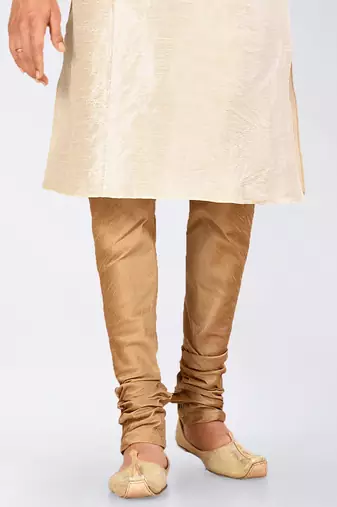 Cream dupon art silk kurta, jacket with matching dhoti and churidar
