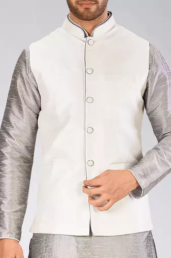 Grey dupon art silk kurta, jacket with matching dhoti