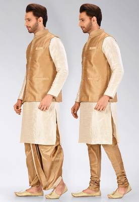 Cream dupon art silk kurta, jacket with matching dhoti and churidar 4