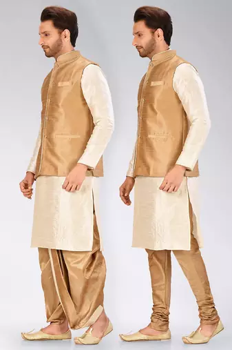 Cream dupon art silk kurta, jacket with matching dhoti and churidar