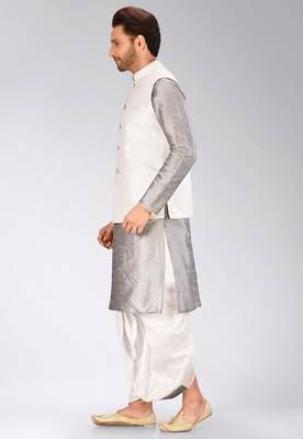 Grey dupon art silk kurta, jacket with matching dhoti 3