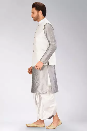 Grey dupon art silk kurta, jacket with matching dhoti