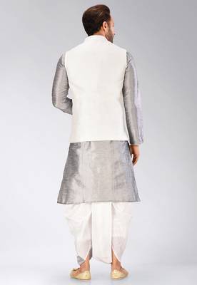 Grey dupon art silk kurta, jacket with matching dhoti 4