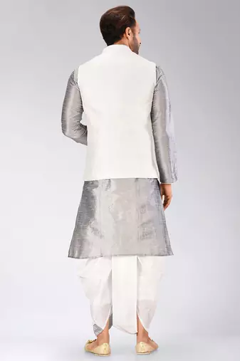Grey dupon art silk kurta, jacket with matching dhoti