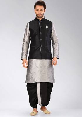 Grey dupon art silk kurta, jacket with matching dhoti 1