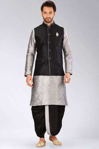 Grey dupon art silk kurta, jacket with matching dhoti
