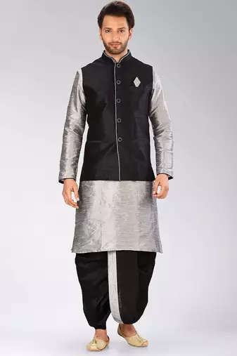 Grey dupon art silk kurta, jacket with matching dhoti