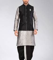 Grey dupon art silk kurta, jacket with matching dhoti