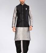 Grey dupon art silk kurta, jacket with matching dhoti