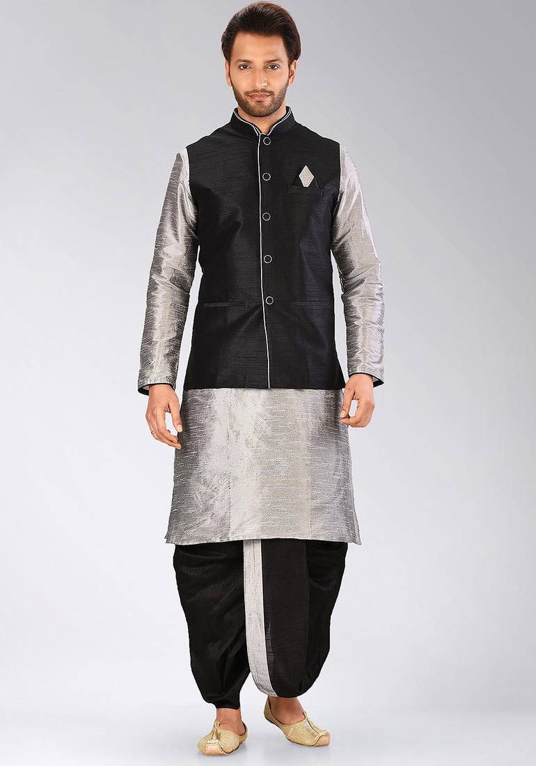 Grey dupon art silk kurta, jacket with matching dhoti