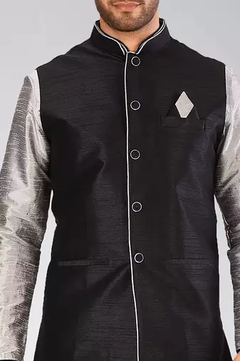 Grey dupon art silk kurta, jacket with matching dhoti
