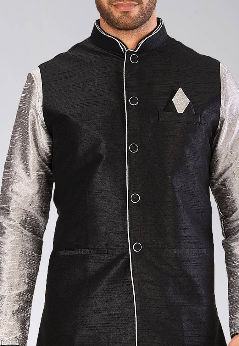 Grey dupon art silk kurta, jacket with matching dhoti