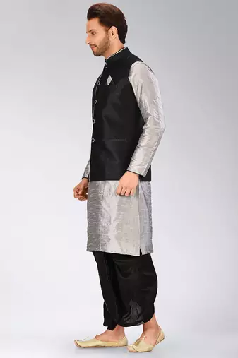 Grey dupon art silk kurta, jacket with matching dhoti