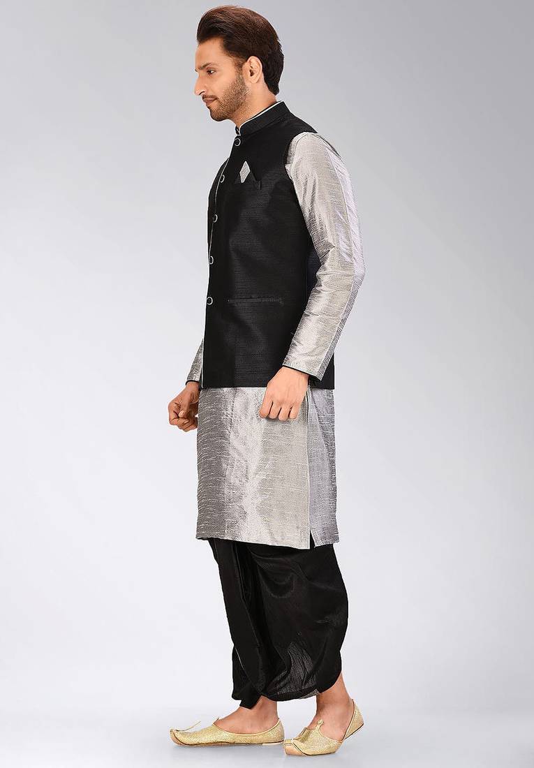Grey dupon art silk kurta, jacket with matching dhoti