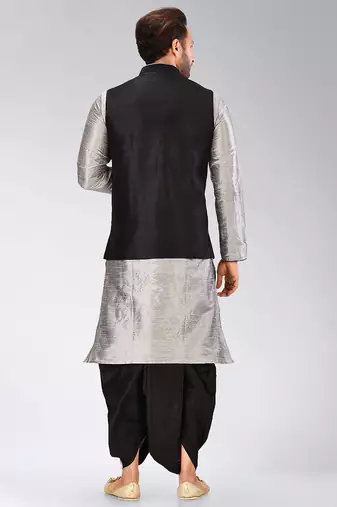 Grey dupon art silk kurta, jacket with matching dhoti