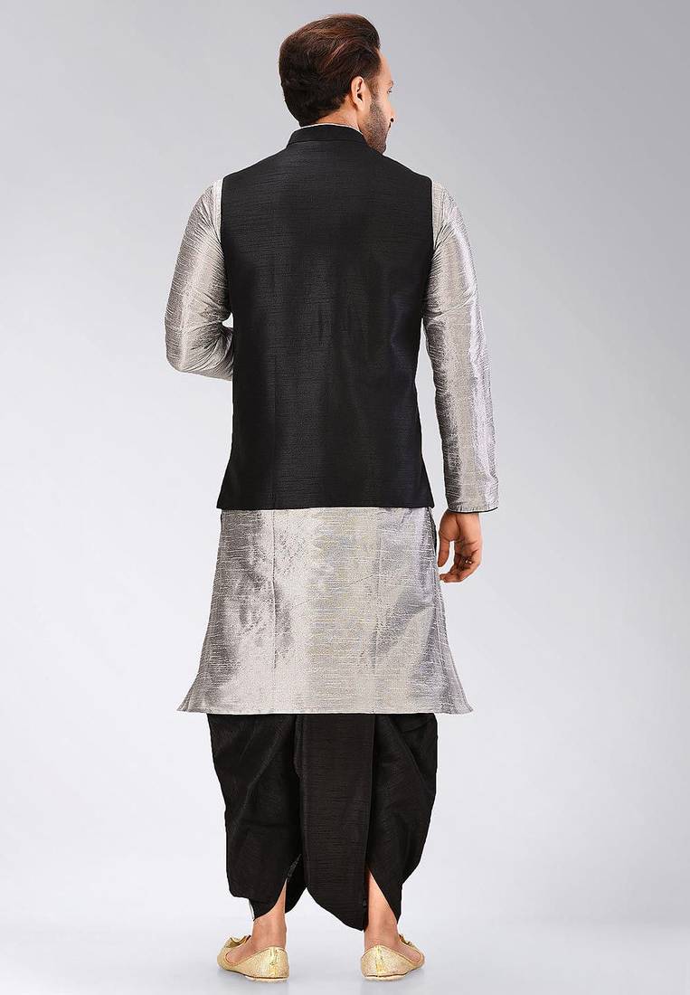 Grey dupon art silk kurta, jacket with matching dhoti