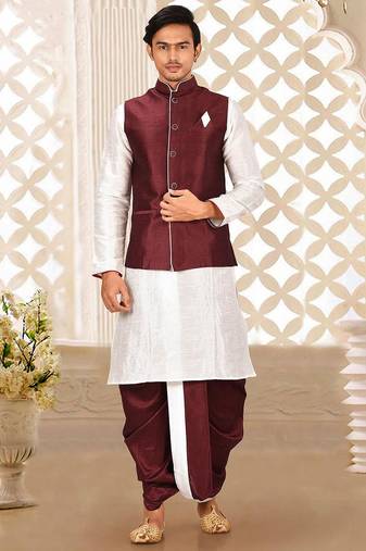 White dupon art silk kurta, jacket with matching dhoti