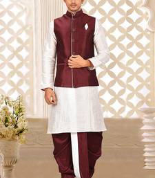 White dupon art silk kurta, jacket with matching dhoti